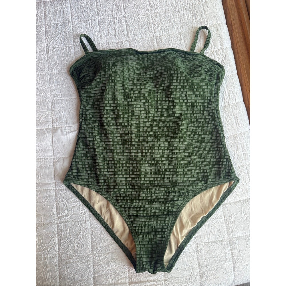 Kona Sol Olive Green Textured One Piece Swimsuit Lace Up Back Large